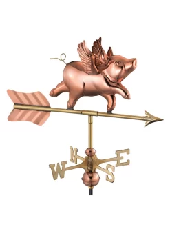 Flying Pig Cottage Copper Weathervane With Roof Mount